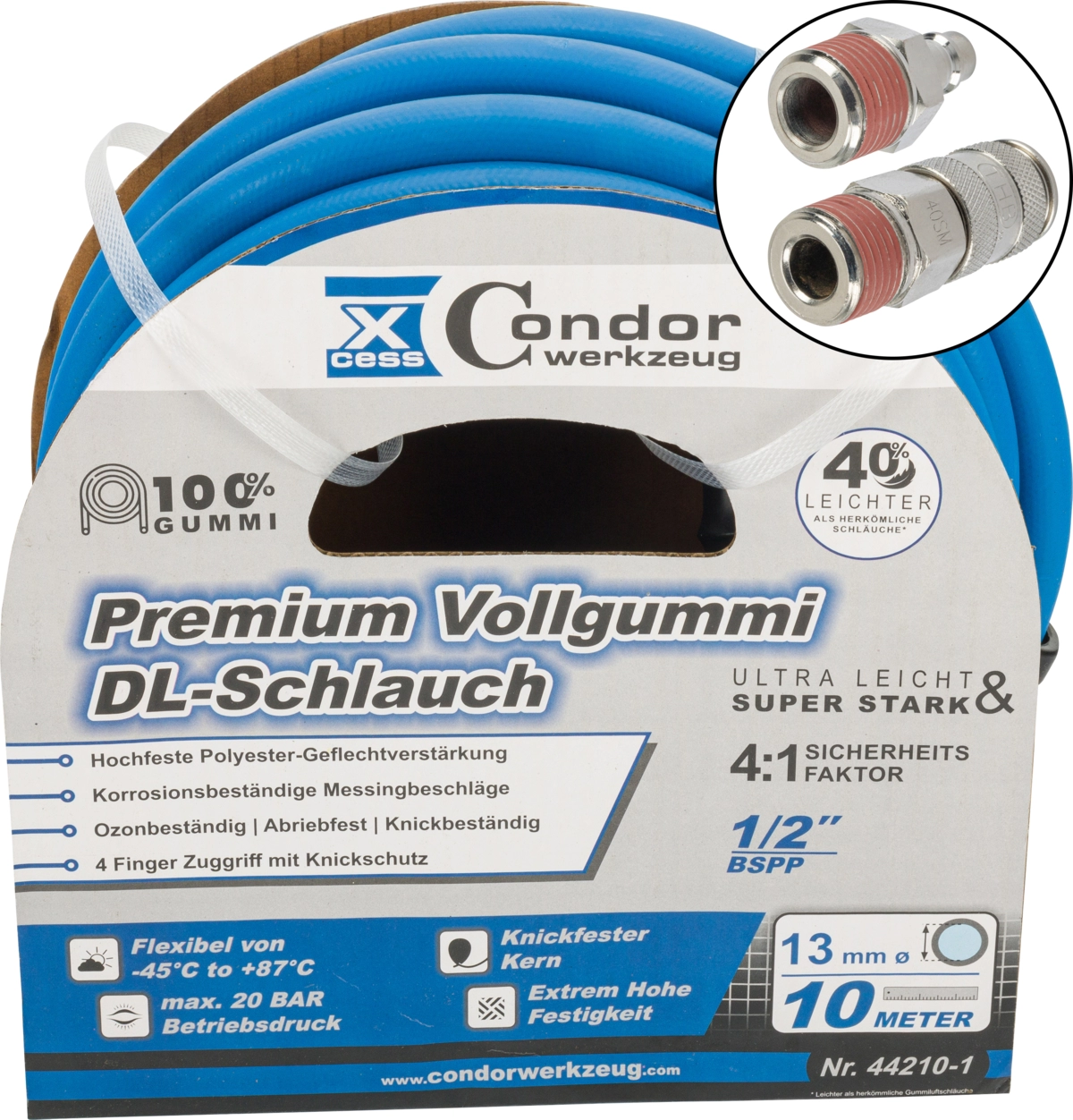 Druckluft-Schlauch, High-End-Voll-Gummi, ø 13 mm x 10 m, Schnell-Kupplung