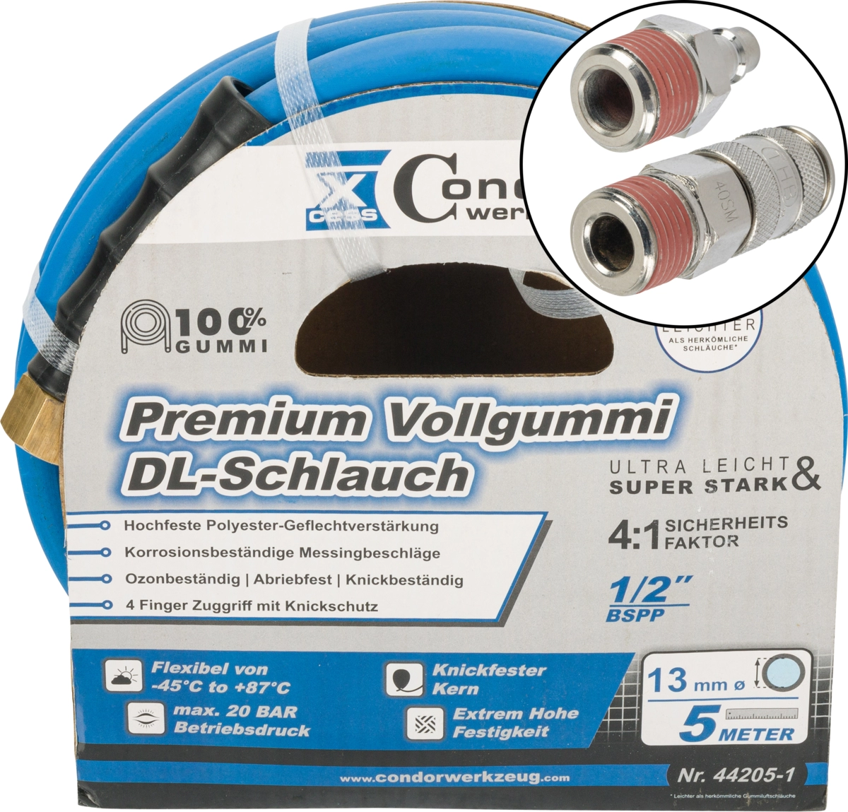 Druckluft-Schlauch, High-End-Voll-Gummi, ø 13 mm x 5 m, Schnell-Kupplung