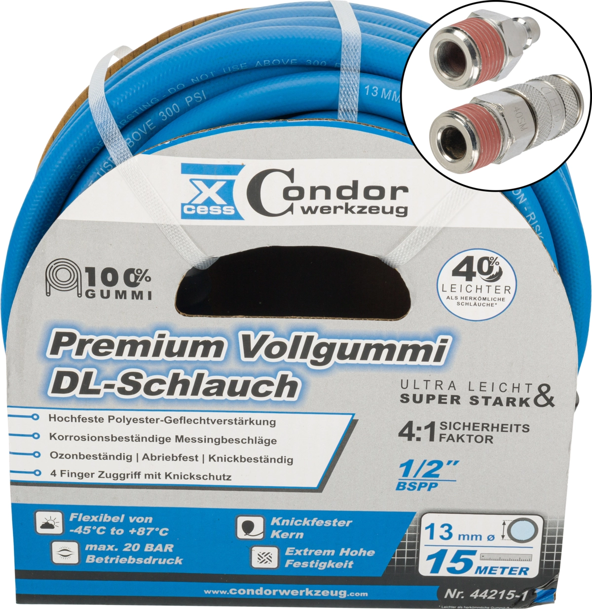Druckluft-Schlauch, High-End-Voll-Gummi, ø 13 mm x 15 m, Schnell-Kupplung